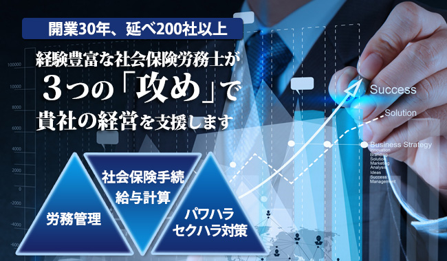 経験豊富な社会保険労務士が３つの攻めで貴社の経営を支援します